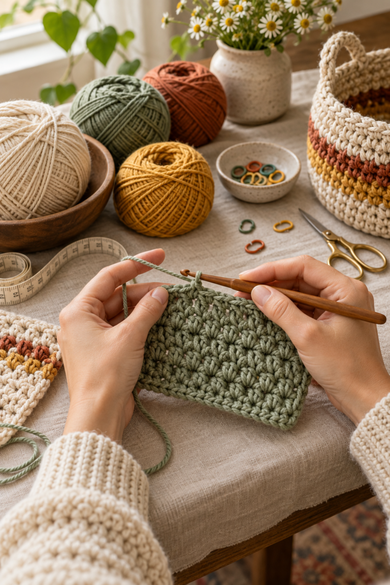 Crochet yarn, hooks, and a textured swatch on a craft table