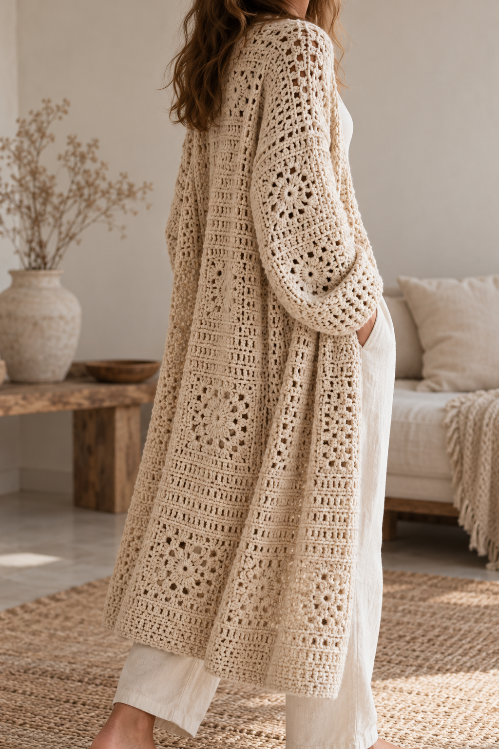 Long crochet cardigan fit