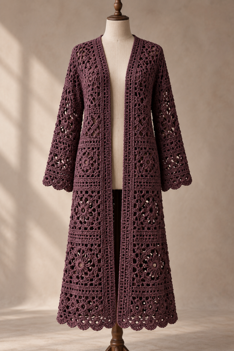 Long dark-mauve crochet duster cardigan