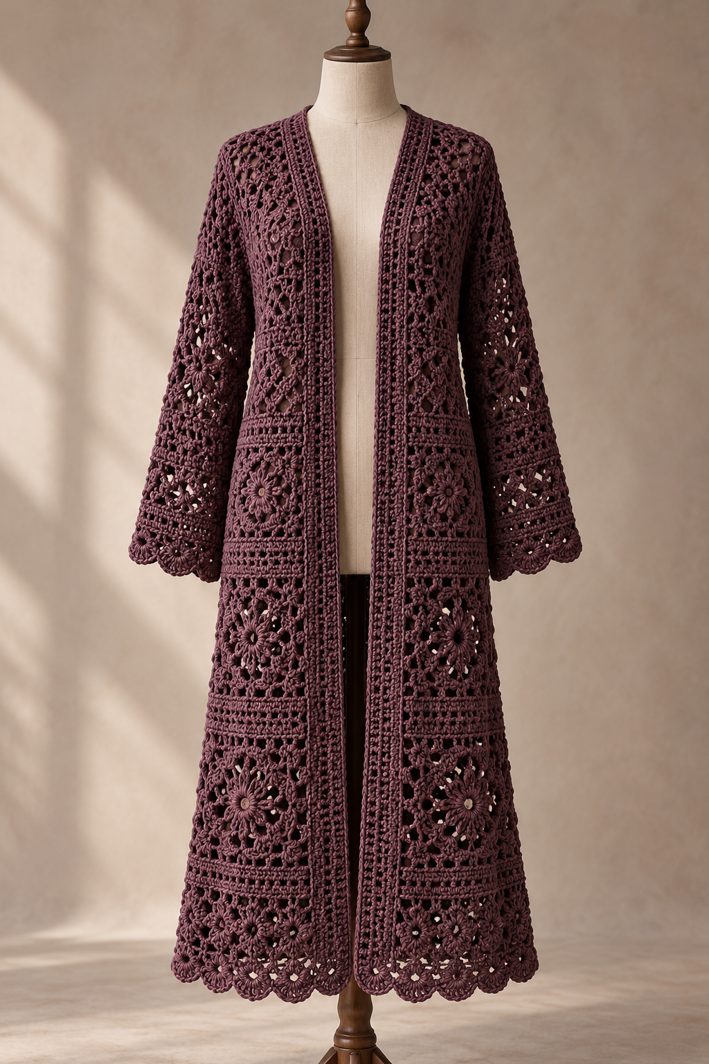 Long dark-mauve crochet duster cardigan