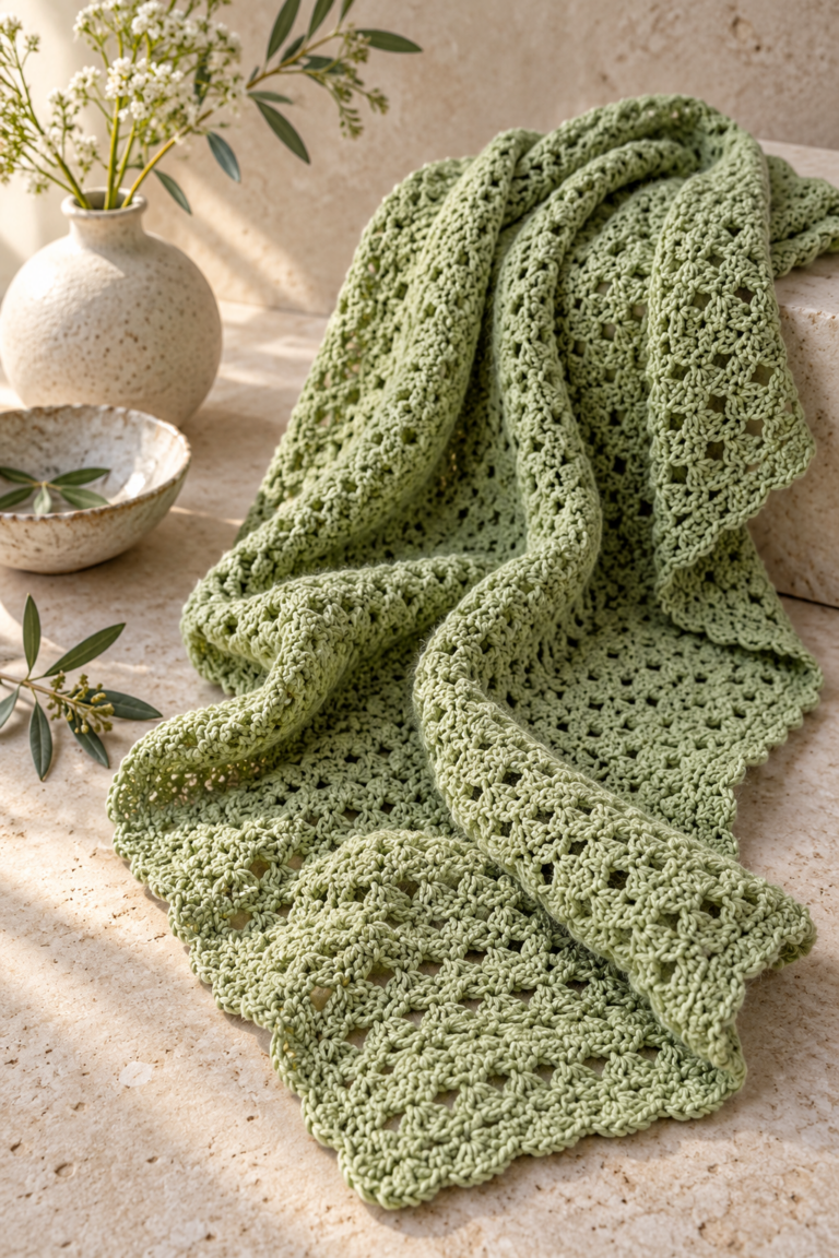 Crochet pistachio wrap folded in soft daylight