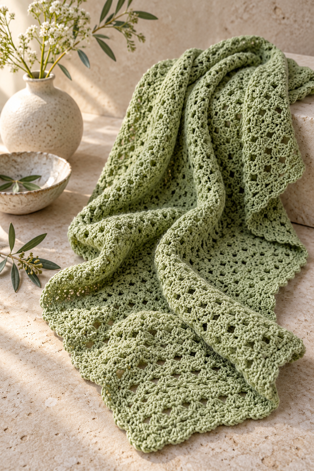 Crochet pistachio wrap folded in soft daylight