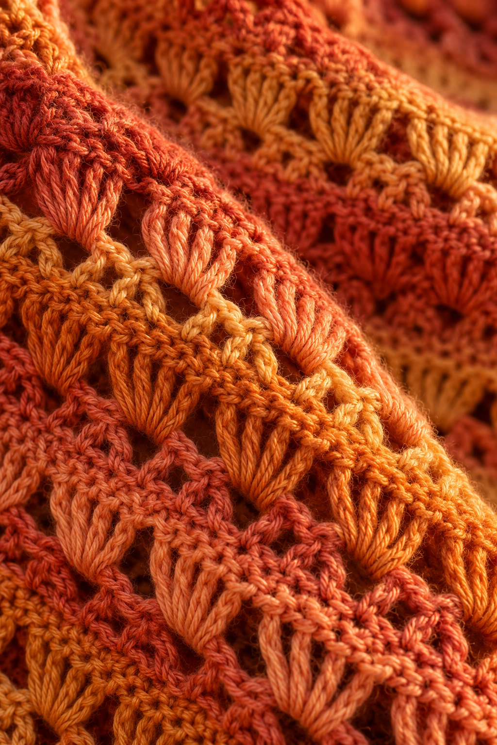 Close view of airy crochet texture in sunset yarn