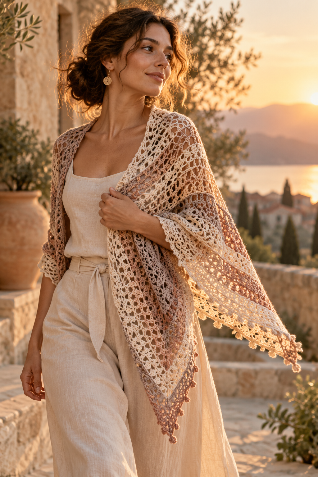 Crochet sunset shawl styled over a neutral outfit