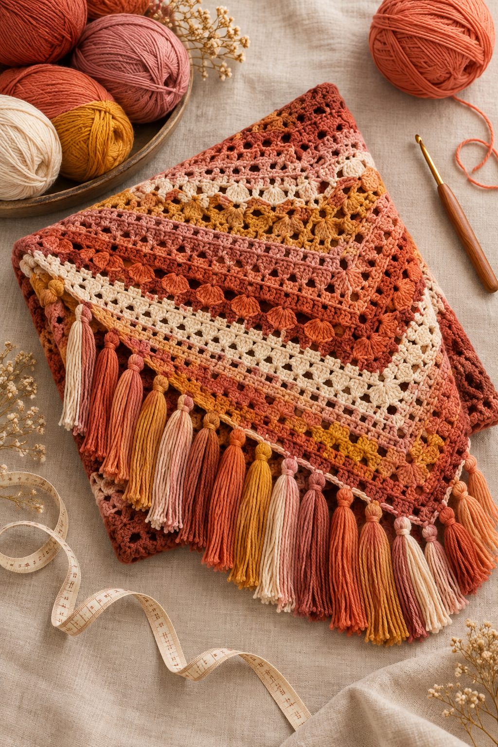Crochet shawl project flat lay with yarn and hook
