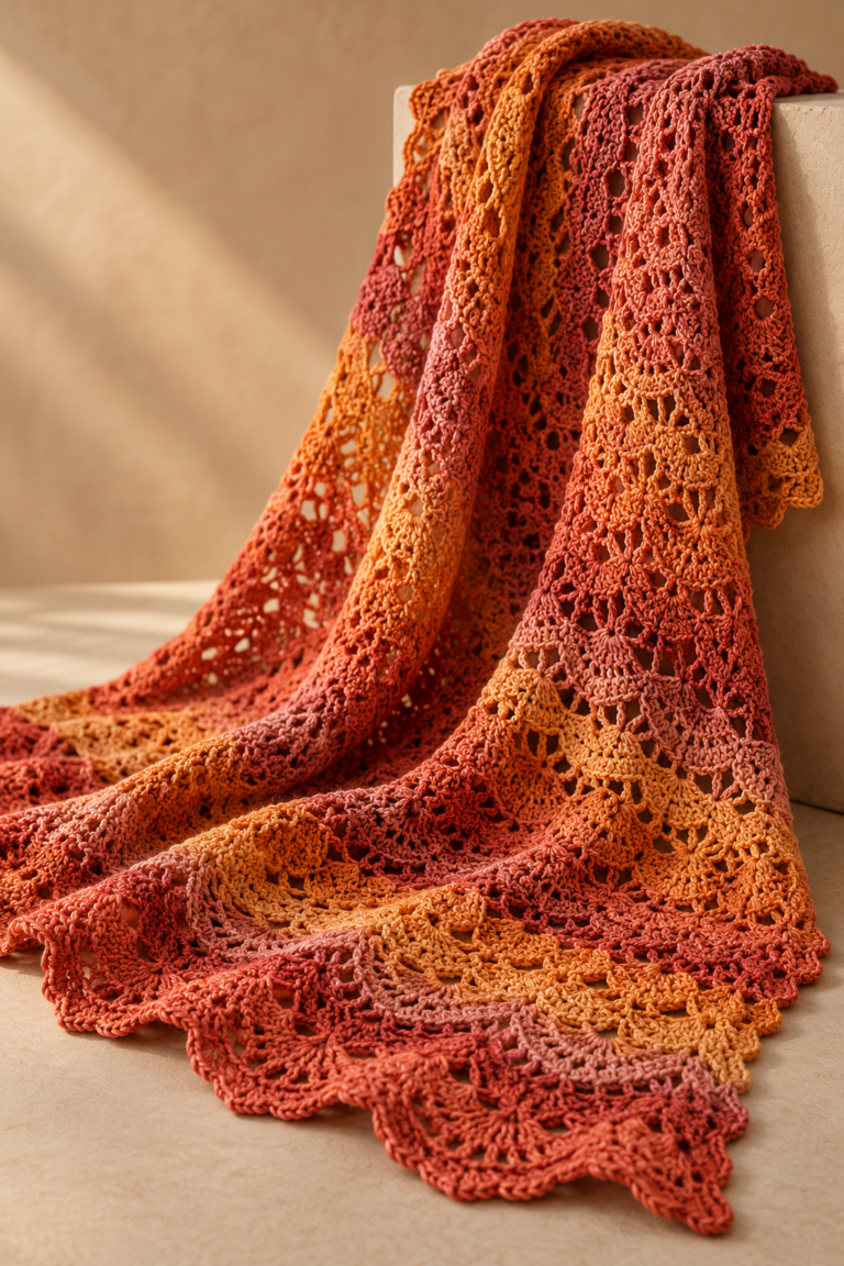 Sunset-toned crochet shawl draped in a studio setting