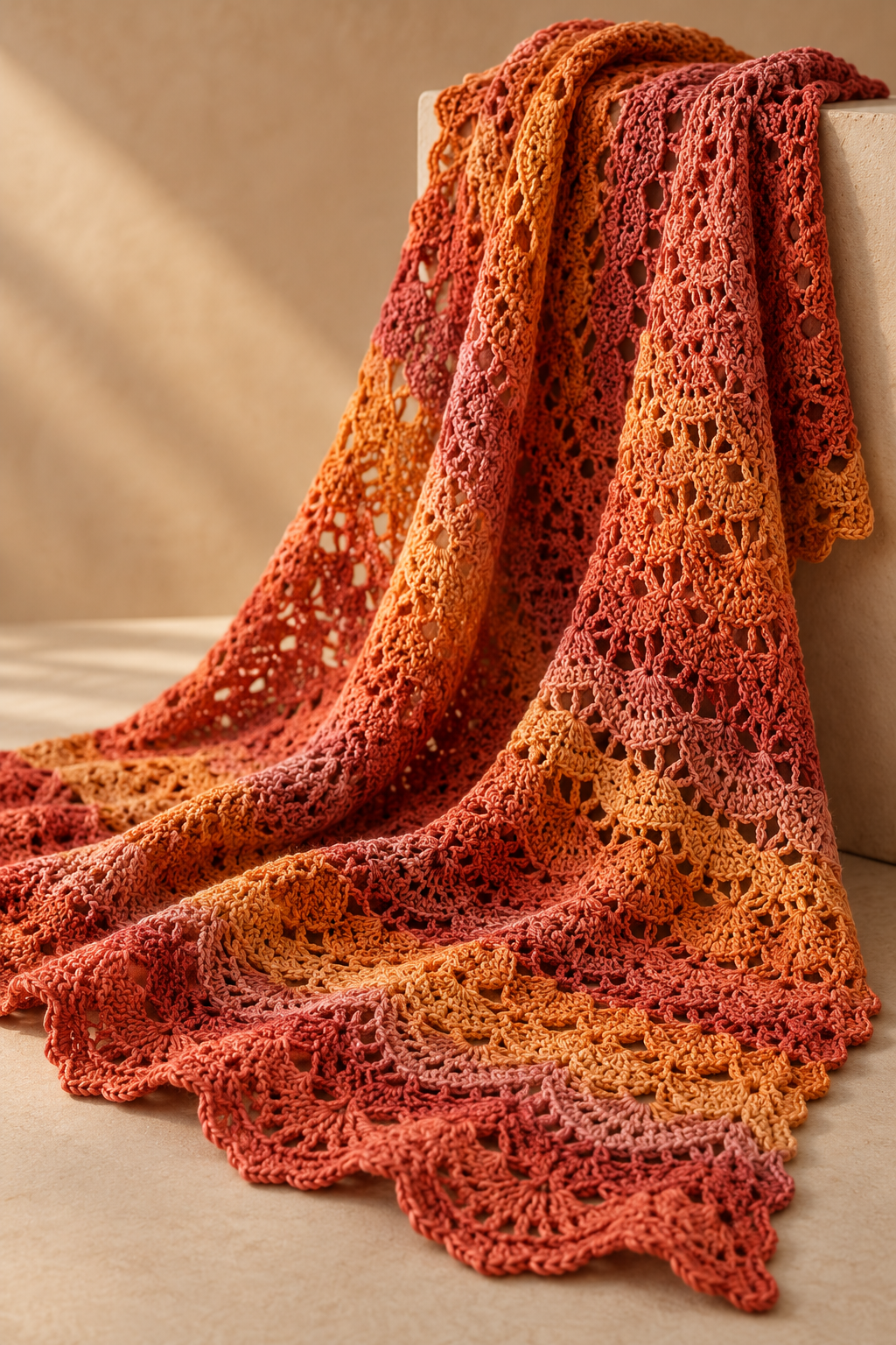 Sunset-toned crochet shawl draped in a studio setting