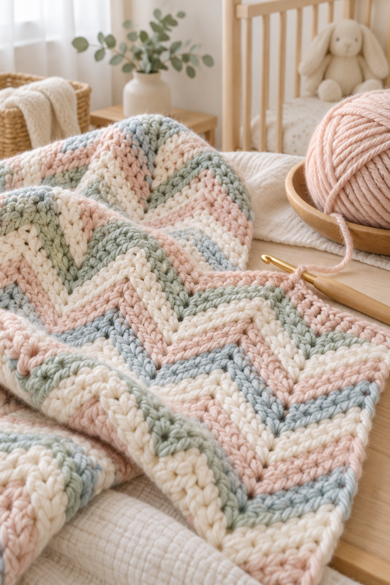 Modern herringbone baby blanket in soft daylight