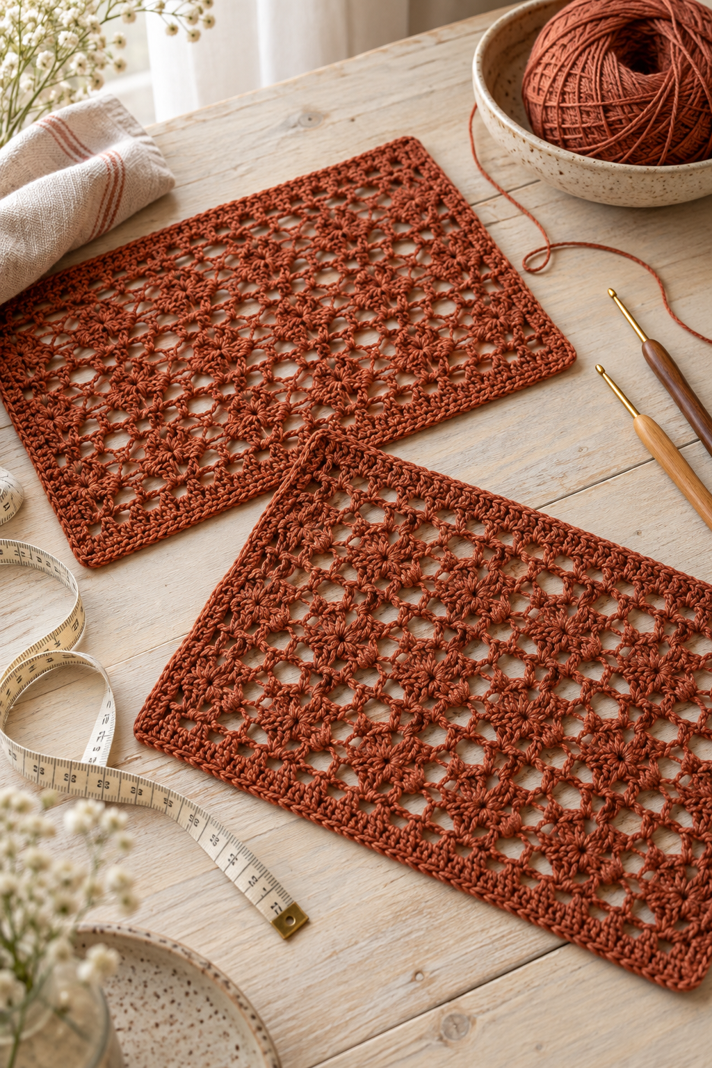 Two crochet panels and tools on a worktable