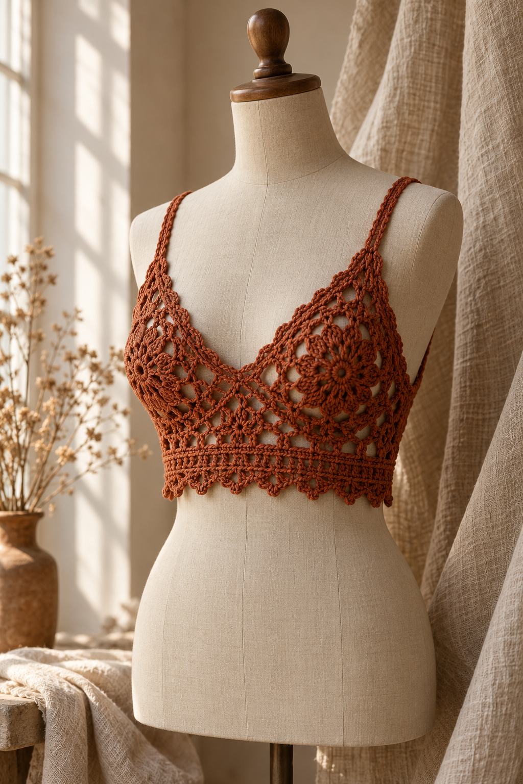 Rusty Road crochet crop top on a dress form